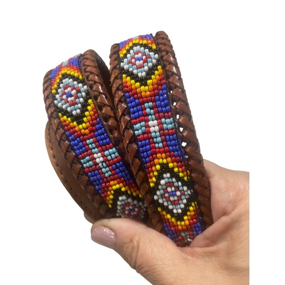 Handcrafted Leather & Beaded Belt With Silver-Tone Buckle - Picture 1 of 6
